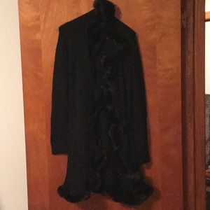 Black cardigan sweater with fur trim